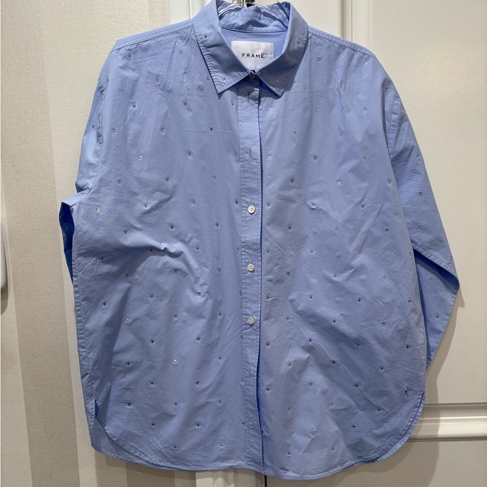 Frame Light  Blue Rhinestone Shirt - Picture 3 of 8